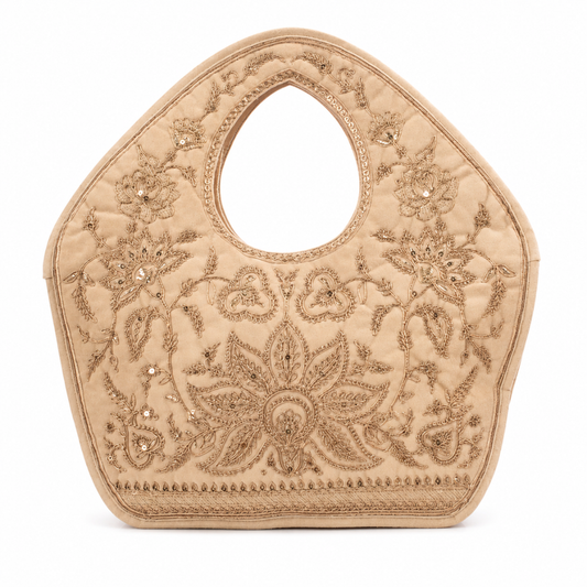 Embroidered Handbag, Beige Soft Poly Suede Fabric with Copper Zari and Sequin Work Embroidery, Handmade Purse