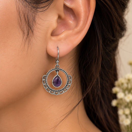925 Sterling Silver Amethyst Earrings Teardrop Gemstone Filigree Leaf Inspired Oxidised Handmade Jewelry