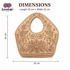 Embroidered Handbag, Beige Soft Poly Suede Fabric with Copper Zari and Sequin Work Embroidery, Handmade Purse