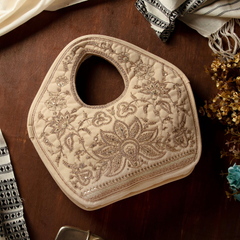 Embroidered Handbag, Beige Soft Poly Suede Fabric with Copper Zari and Sequin Work Embroidery, Handmade Purse