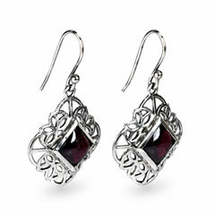 925 Silver Garnet Gemstone Earring Square Cabochon in Bezel Setting with Floral Design and Hook Earwire