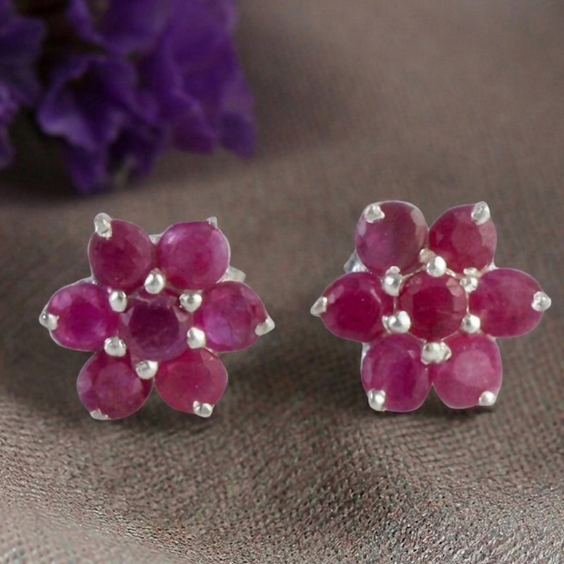 Chameli – Flower Ruby Silver Stud Earrings