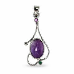 925 Silver Handmade Amethyst & Ruby Gemstone Oval Pendant Curved Leaf Design