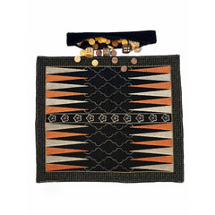 Board Game "BACKGAMMON" embroidered on cotton fabric with playing dice and wooden coins