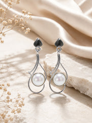 925 Sterling Silver Pearl Drop Earrings with Modern Curved Design