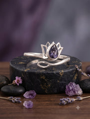 925 Sterling Silver Iolite Gemstone Lotus Flower Ring