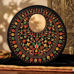 Black Suede Floral Embroidered Round Handbag, Hand Purse, Clutches with Thread Work for Women & Girls