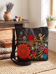 Handmade Floral Crossbody Black Bag made from Dupion & cotton Duck Fabric with Embroidery For Women & Girls