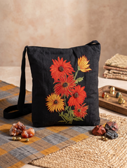 Handmade Floral Crossbody Black Bag made from Dupion & cotton Duck Fabric with Embroidery For Women & Girls