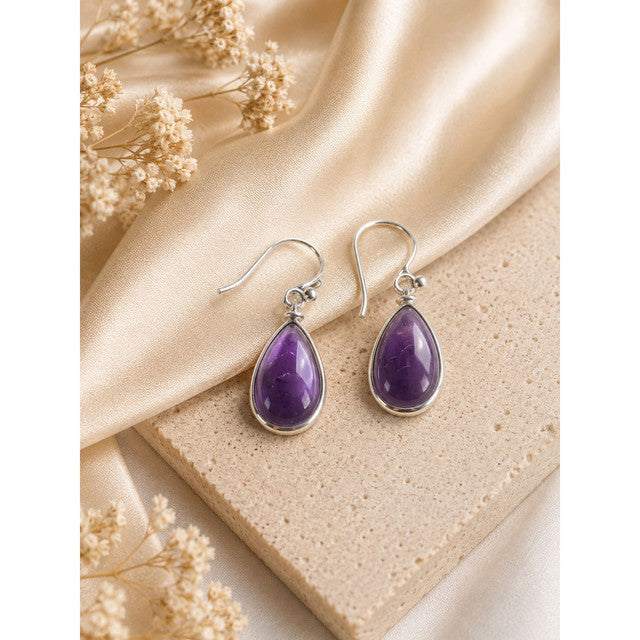 925 Sterling Silver Amethyst Purple Gemstone Hanging Earrings with Teardrop Design