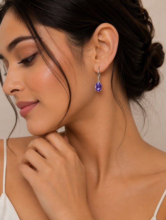 FUSIONARI 925 Sterling Silver Amethyst Purple Gemstone Drop Earrings