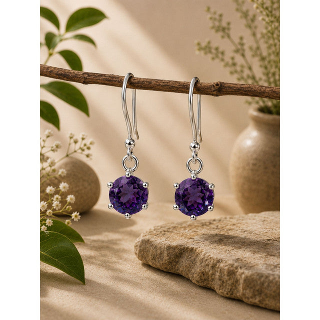 925 Sterling Silver Amethyst Drop Earrings Faceted Round Gemstone Jewelry