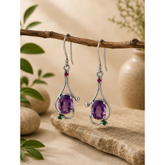 925 Sterling Silver Amethyst & Ruby Gemstone Dangle Earrings for Women