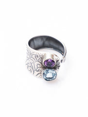 925 Sterling Silver Amethyst and Blue Topaz Gemstone Ring Handmade Artistic Design for Women