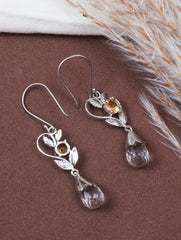 925 Sterling Silver Citrine Earrings | Handmade Leaf Design with Faceted Crystal Drop