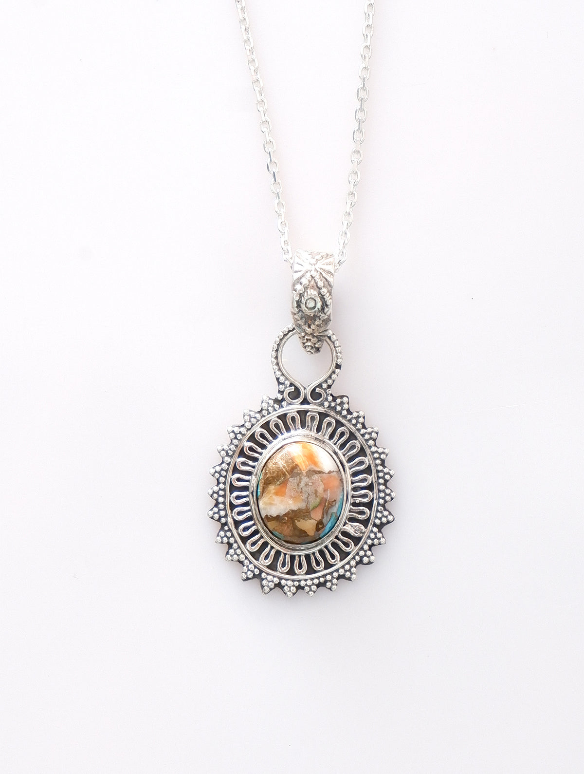 925 Sterling Silver Spiny Turquoise Gemstone Pendant for Women and Girls Handmade Oval Stone Traditional Floral Design Jewelry