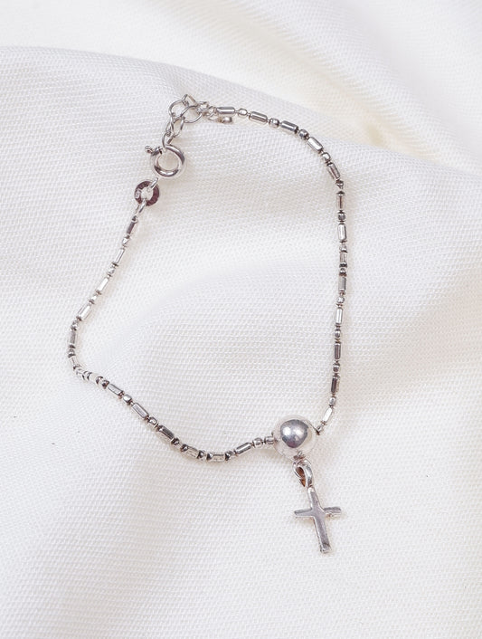 925 Sterling Silver Bead Chain With Cross Pendant Bracelet for Women and Girls