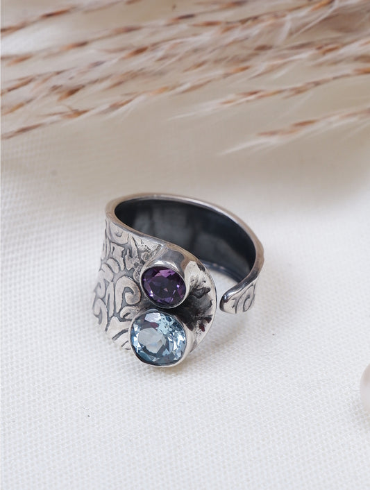 925 Sterling Silver Amethyst and Blue Topaz Gemstone Ring Handmade Artistic Design for Women