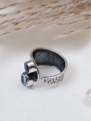 925 Sterling Silver Amethyst and Blue Topaz Gemstone Ring Handmade Artistic Design for Women