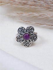 925 Sterling Silver Amethyst Oval Gemstone Ring for Women Handmade Traditional Floral Design
