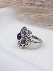 925 Sterling Silver Amethyst Oval Gemstone Ring for Women Handmade Traditional Floral Design