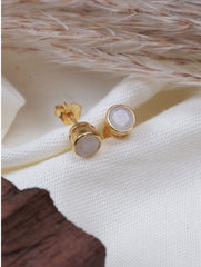 925 Sterling Silver Gold Plated Moonstone Stud Earrings for Women & Girls | Round Gemstone