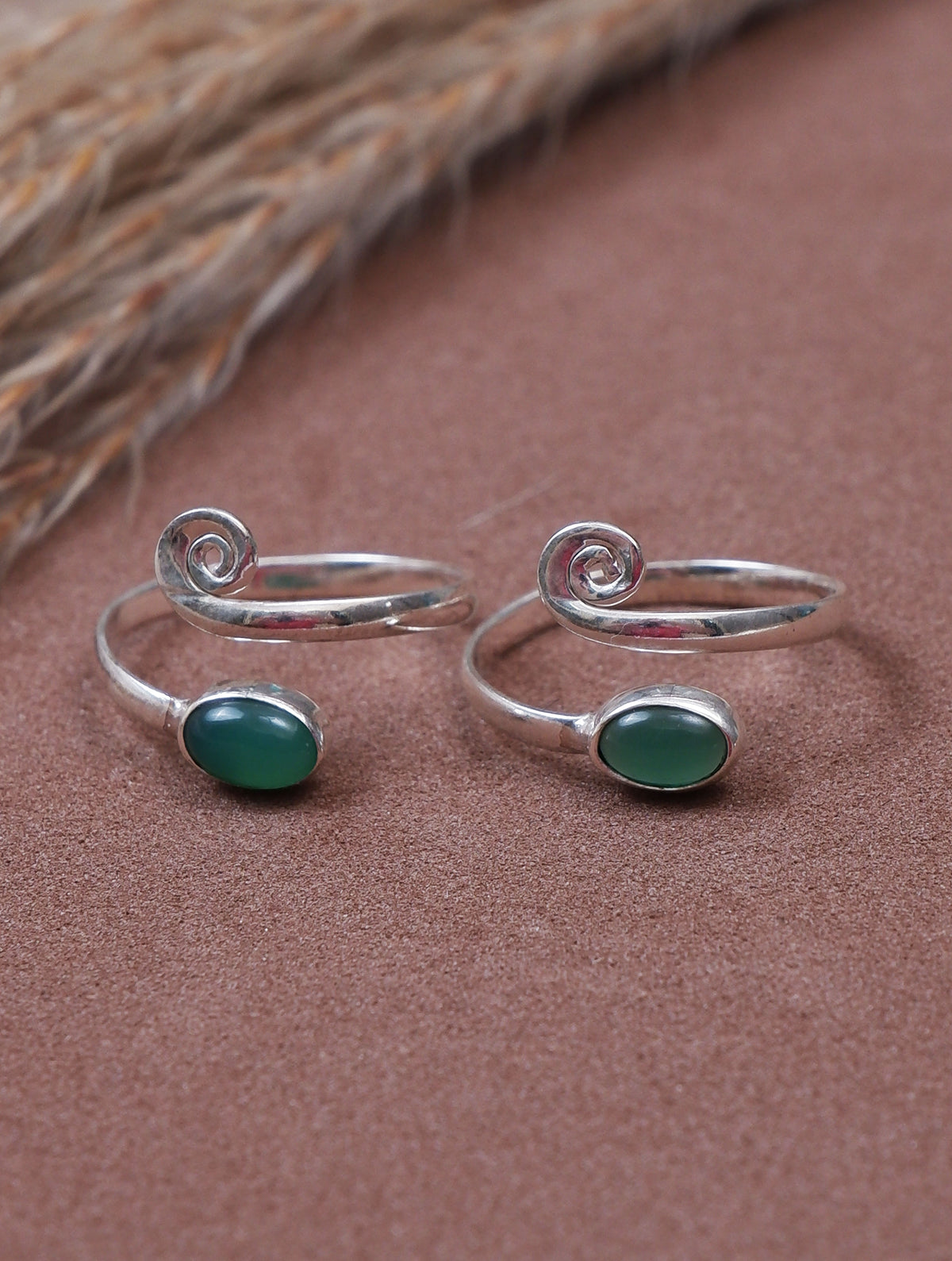 925 Sterling Silver Green Onyx Gemstone Toe Ring for Women, Spiral Open Band Design, Adjustable Foot Jewelry
