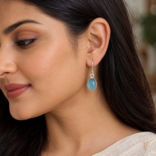 925 silver earrings in oval Blue Chalcedony Gemstone in bezel setting with ball earwire