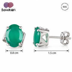 925 Silver Eartops with oval faceted Green Onyx Gemstone in prongs setting with push closure.