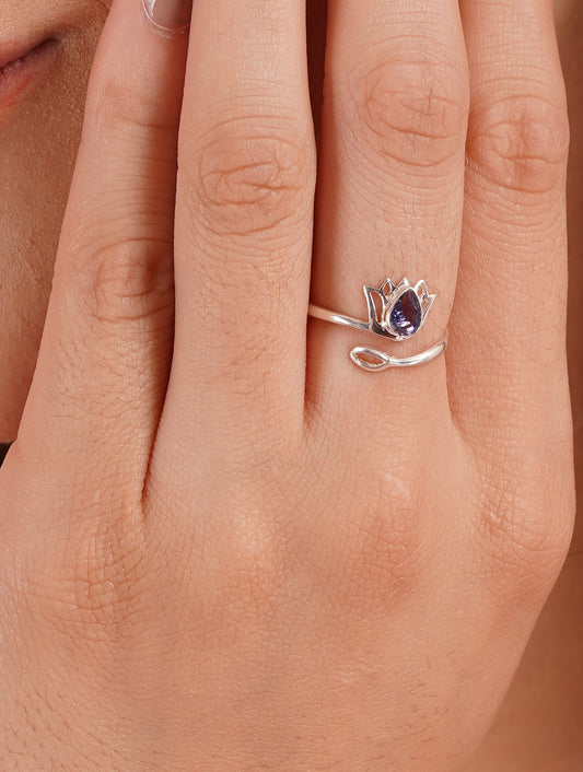 925 Sterling Silver Iolite Gemstone Lotus Flower Ring