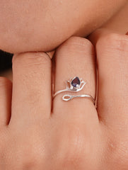 925 Sterling Silver Amethyst Gemstone Lotus Flower Ring