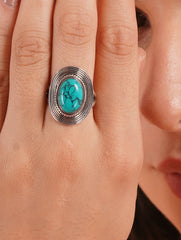 925 Sterling Silver Turquoise Gemstone Oval Shaped Ring