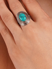 925 Sterling Silver Turquoise Gemstone Oval Shaped Ring