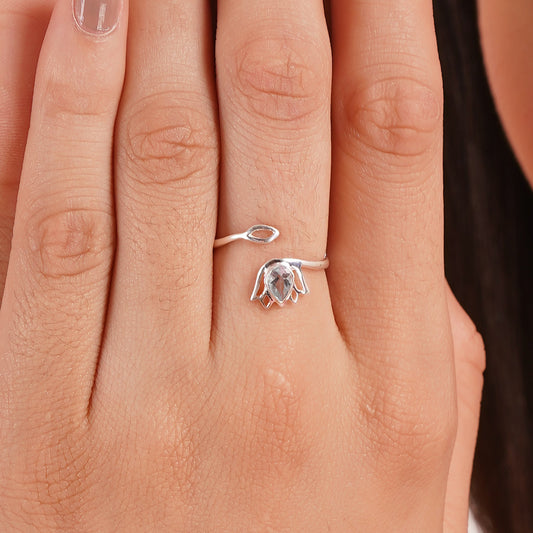 925 Sterling Silver Blue Topaz Gemstone Lotus Flower Ring
