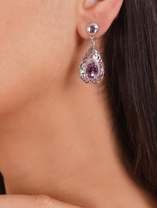 925 Sterling Silver Amethyst Gemstone Drop Earrings