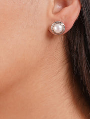 925 Sterling Silver Round Pearl Gemstone Stud Earrings