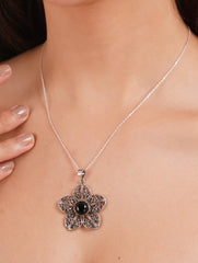 925 Sterling Silver Black Onyx Floral Pendant for Women Openwork Flower Design