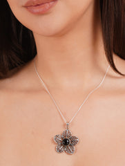 925 Sterling Silver Black Onyx Floral Pendant for Women Openwork Flower Design
