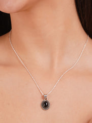925 Sterling Silver Black Onyx Gemstone Pendant Oval Cabochon and Detailed Sunburst Design