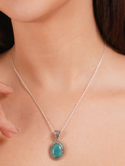 925 Sterling Silver Turquoise Gemstone Pendant Necklace for Women Oval Stone and Detailed Design
