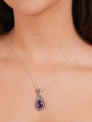 925 Sterling Silver Amethyst Gemstone Pendant Pear Shape Stone and Ornate Floral Design