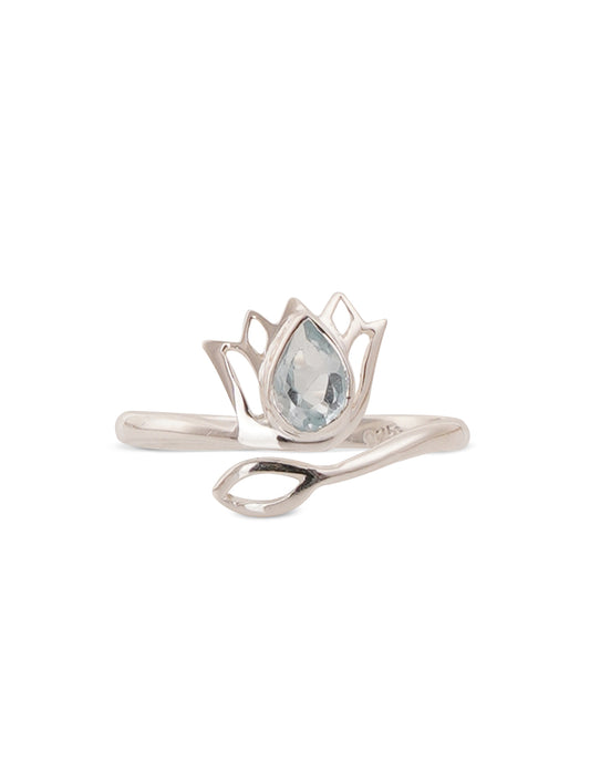 925 Sterling Silver Blue Topaz Gemstone Lotus Flower Ring