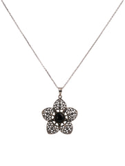 925 Sterling Silver Black Onyx Floral Pendant for Women Openwork Flower Design