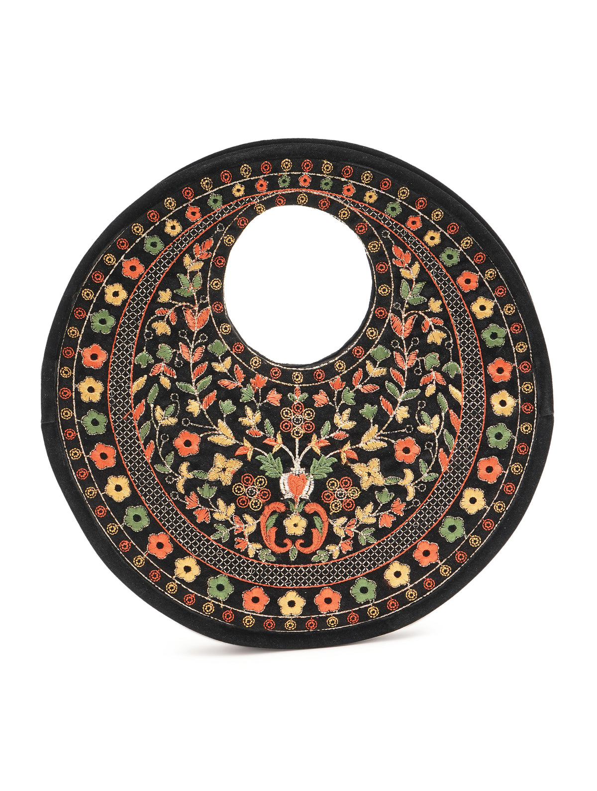 Black Suede Floral Embroidered Round Handbag, Hand Purse, Clutches with Thread Work for Women & Girls