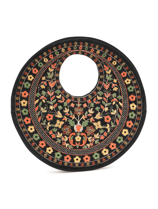 Black Suede Floral Embroidered Round Handbag, Hand Purse, Clutches with Thread Work for Women & Girls