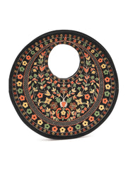Black Suede Floral Embroidered Round Handbag, Hand Purse, Clutches with Thread Work for Women & Girls