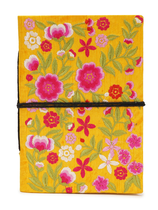 Handcrafted Embroidered Journal with Handmade Paper Fabric Cover & Bahi Khata Closure Diary for Writing Sketching & Gifting | Yellow | 7 x 5 inches