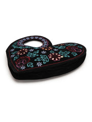 Handmade Heart Shape Handbag, Black Soft Poly Suede Fabric with Earthy Colour Embroidery and Gota Patti Work