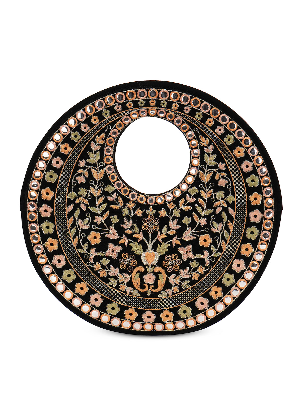 Black Suede Floral Embroidered Round Handbag, Hand Purse, Clutches with Patra Mirror Work for Women & Girls