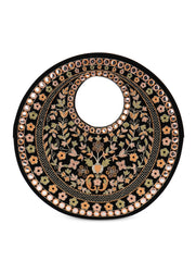 Black Suede Floral Embroidered Round Handbag, Hand Purse, Clutches with Patra Mirror Work for Women & Girls